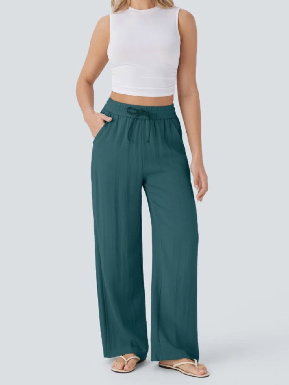 Halara High Waisted Drawstring Pocket Wide Leg Baggy Casual Pants
